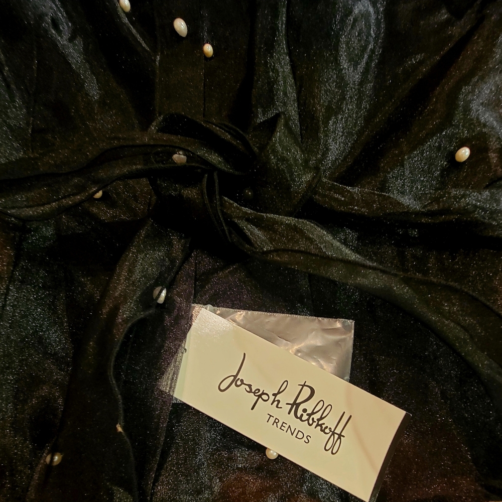 Joseph Ribkoff Black Sheer Organza Blouse Faux Pearls Bell Sleeve Tie Waist NWT4 - Picture 10 of 14